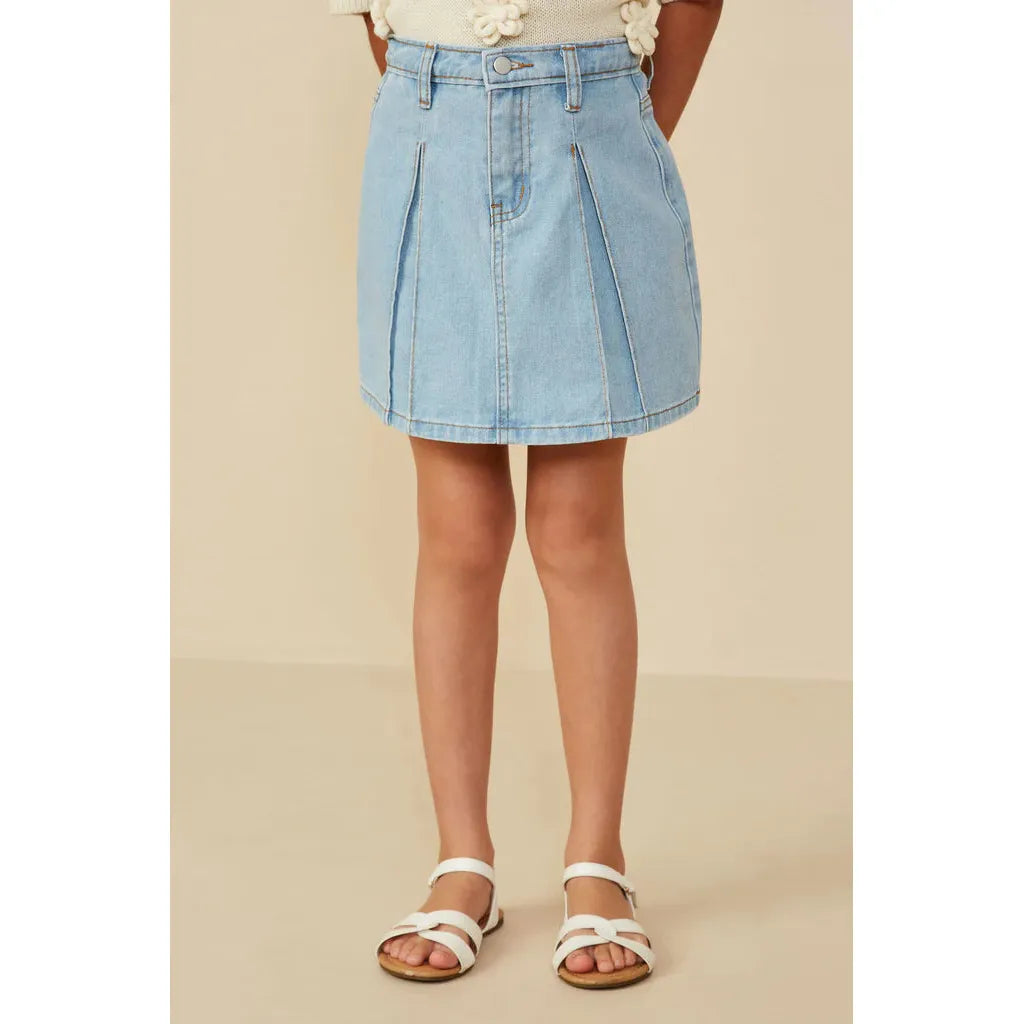 Hayden Box Pleated Washed Denim Skirt-HAYDEN GIRLS-Little Giant Kidz
