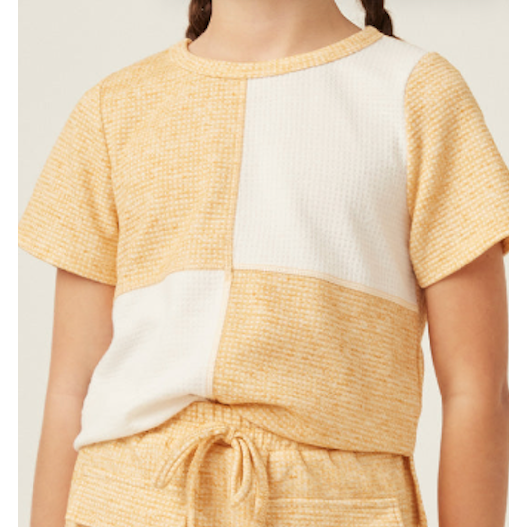 Hayden Contrast Panel Waffle Knit Stitch Detail Top- Mustard-HAYDEN GIRLS-Little Giant Kidz