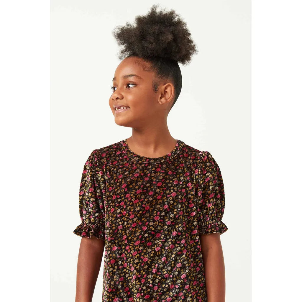 Hayden Floral Ribbed Velvet Puff Shoulder Dress-HAYDEN GIRLS-Little Giant Kidz