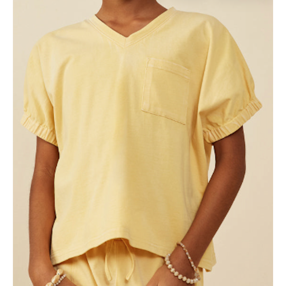 Hayden Garment Washed V Neck Elastic Sleeve T Shirt-Yellow-HAYDEN GIRLS-Little Giant Kidz