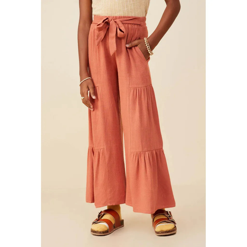 Hayden Gathered Detail Belted Textured Wide Leg Pants-HAYDEN GIRLS-Little Giant Kidz