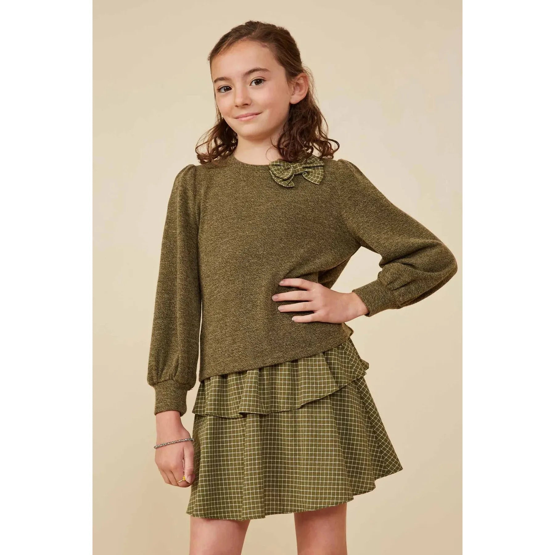 Hayden Girls Contrast Plaid Bow Textured Knit Top - Olive-Hayden-Little Giant Kidz