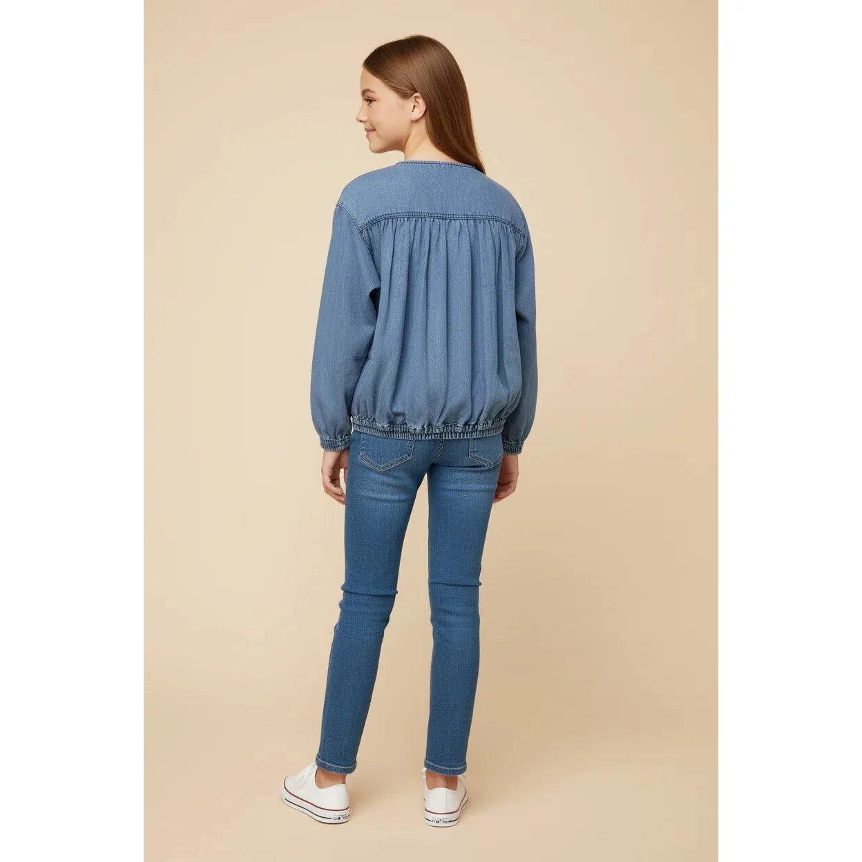 Hayden Girls Gathered Detail Batwing Sleeve Denim Jacket - Light Denim-Hayden-Little Giant Kidz