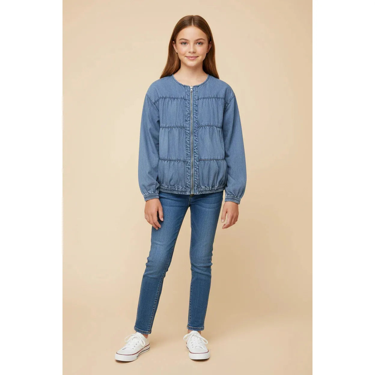 Hayden Girls Gathered Detail Batwing Sleeve Denim Jacket - Light Denim-Hayden-Little Giant Kidz