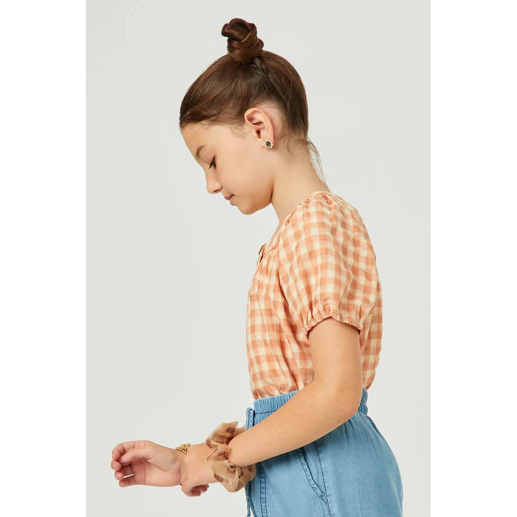 Hayden Girls Gingham Button Detail Puff Sleeve Scoop Neck Top-HAYDEN GIRLS-Little Giant Kidz