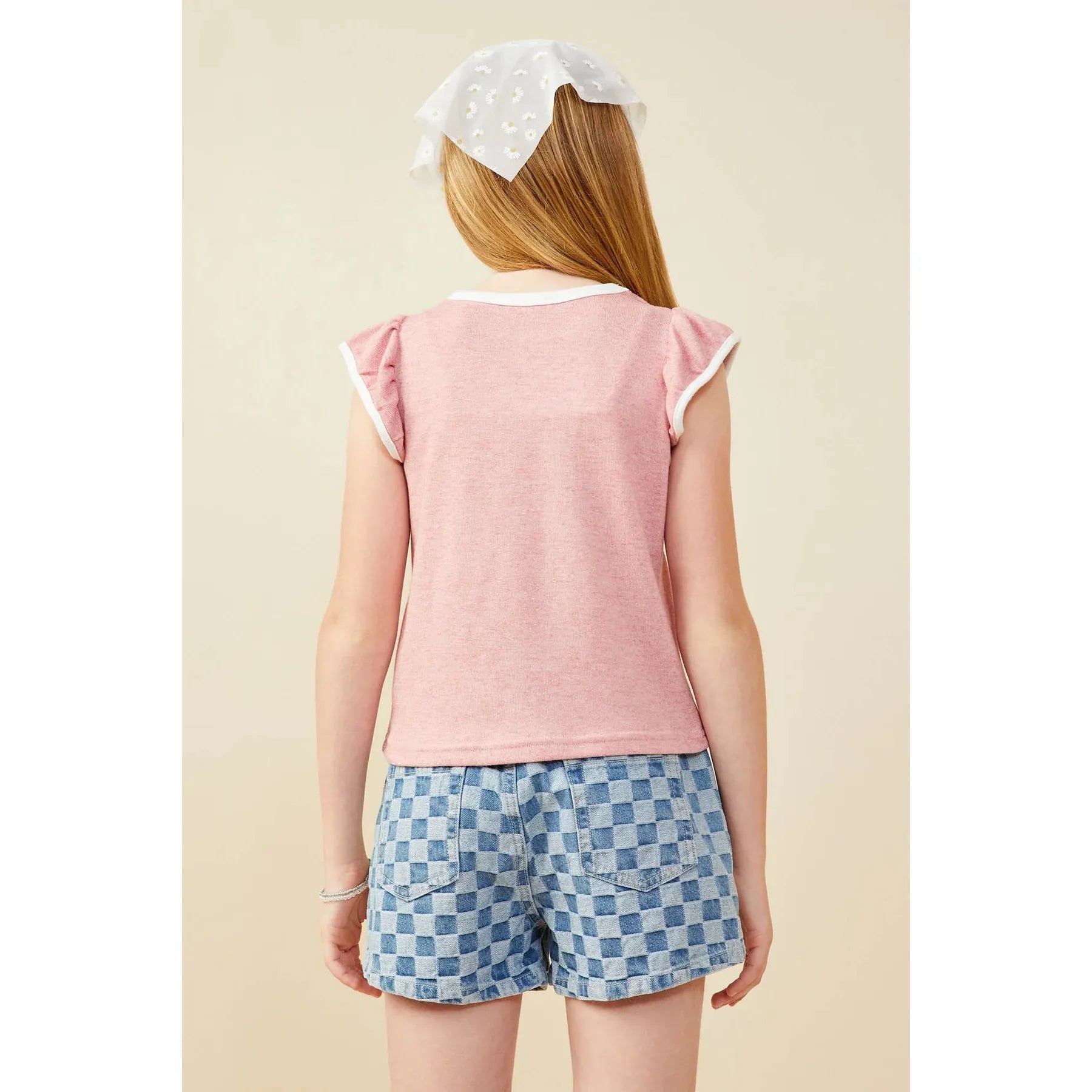 Hayden Girls Heathered Contrast Piped Ruffle Top - Pink -Hayden-Little Giant Kidz