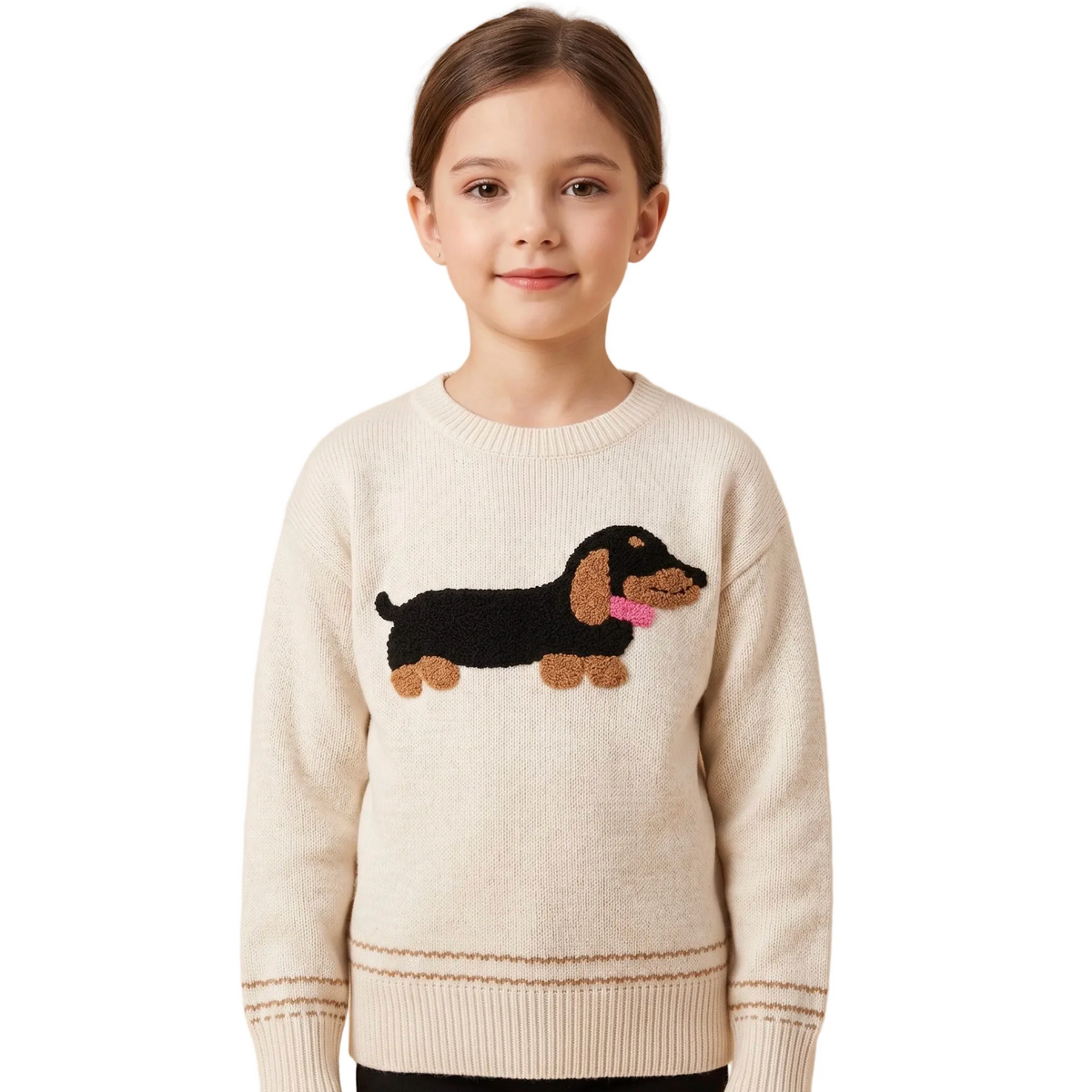 Hayden Girl's Oatmeal Fuzzy Dachshund Applique Knit Sweater-HAYDEN GIRLS-Little Giant Kidz