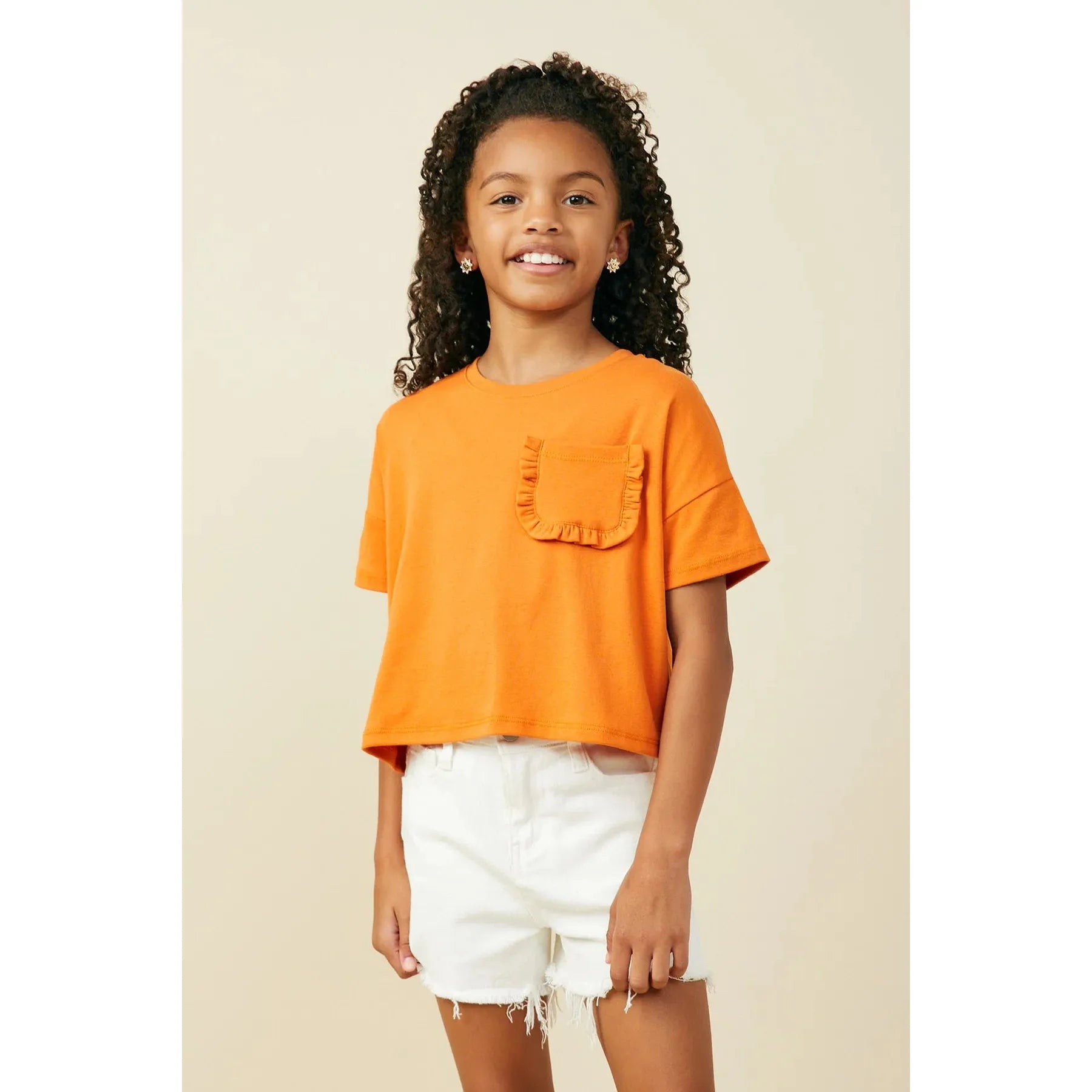 Hayden Girls Ruffle Pocket Knit T Shirt - Orange-Hayden-Little Giant Kidz