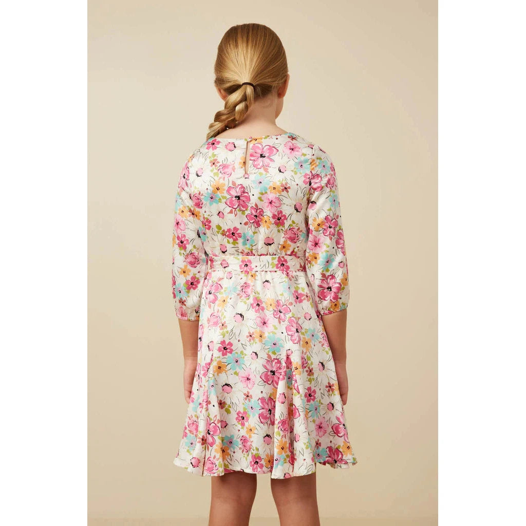 Hayden Girls Satin Floral Long Sleeve Belted Flare Skirt Dress-HAYDEN GIRLS-Little Giant Kidz