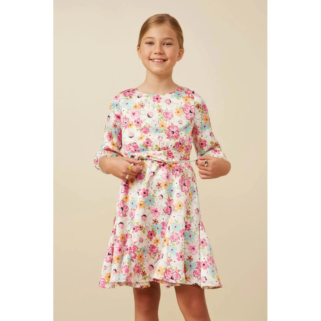 Hayden Girls Satin Floral Long Sleeve Belted Flare Skirt Dress-HAYDEN GIRLS-Little Giant Kidz