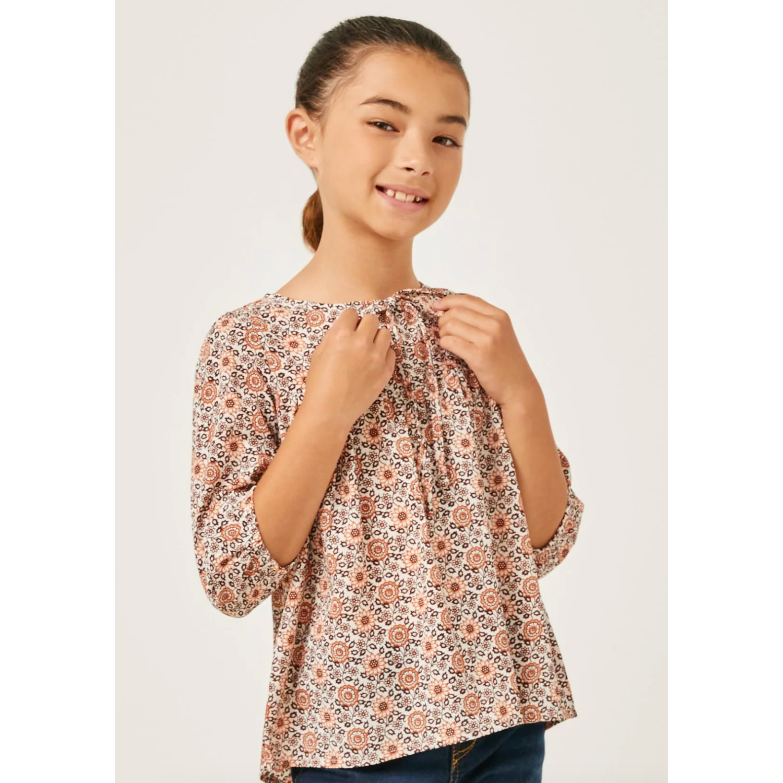 Hayden Girls Tie Neck Floral Printed Peasant Top - Ivory-Hayden-Little Giant Kidz