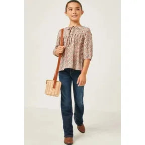 Hayden Girls Tie Neck Floral Printed Peasant Top - Ivory-Hayden-Little Giant Kidz