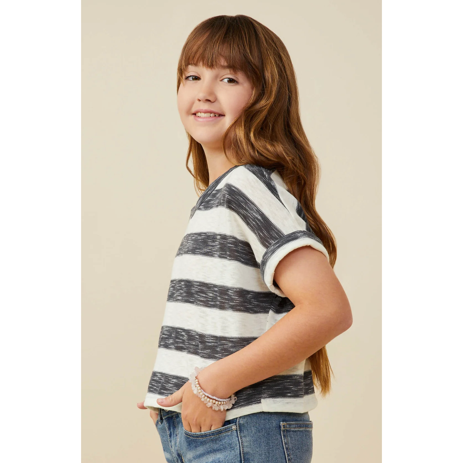 Hayden Heathered Stripe V Neck Knit Top-HAYDEN GIRLS-Little Giant Kidz
