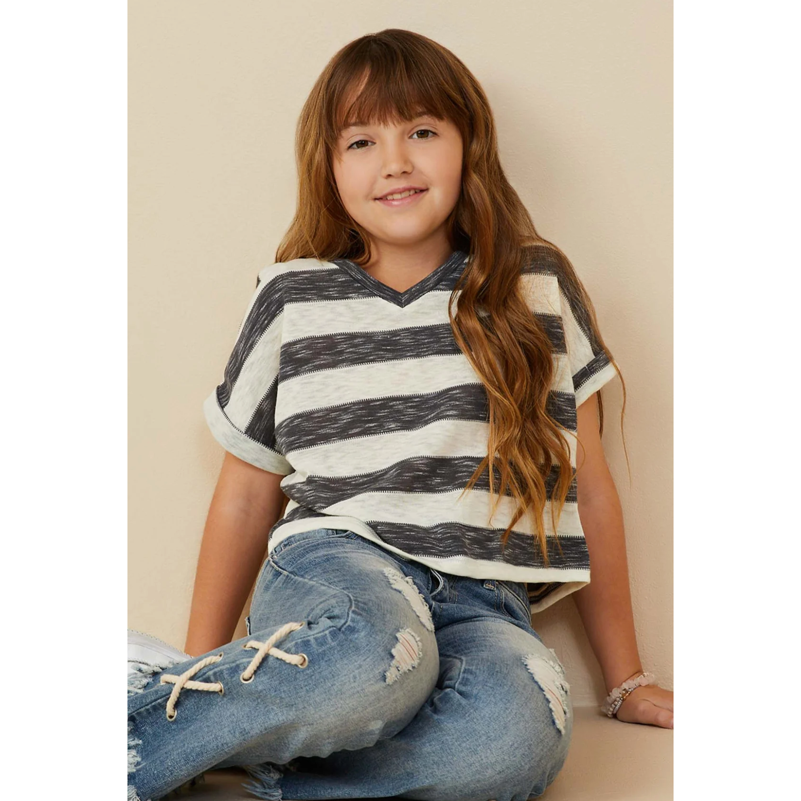 Hayden Heathered Stripe V Neck Knit Top-HAYDEN GIRLS-Little Giant Kidz