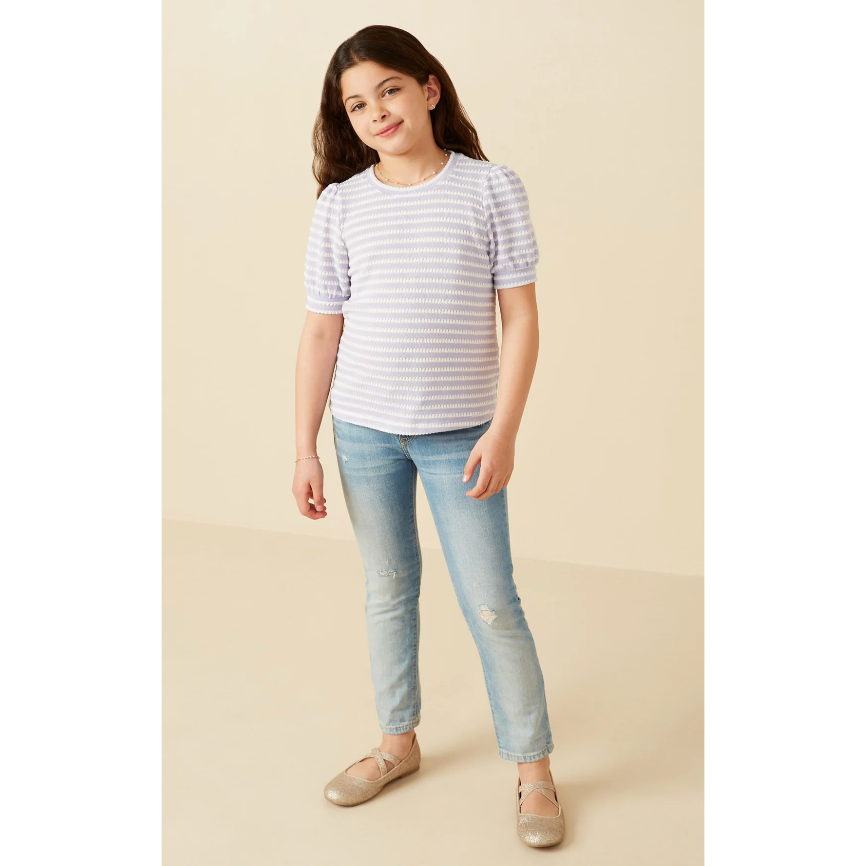 Hayden Puff Sleeve Textured Striped Knit Top- Lavender-HAYDEN GIRLS-Little Giant Kidz