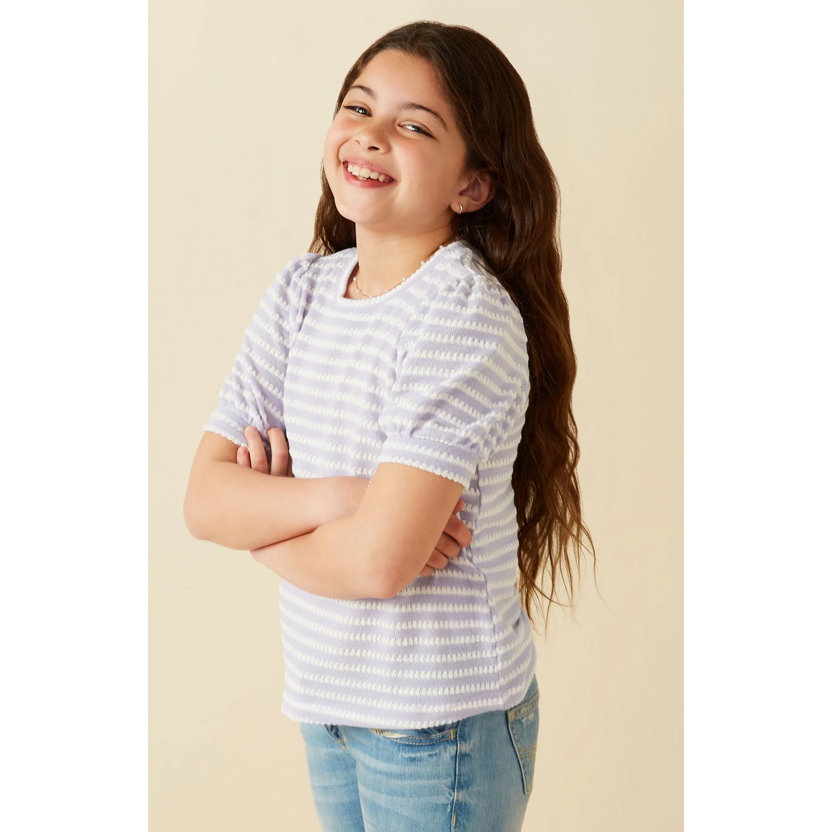 Hayden Puff Sleeve Textured Striped Knit Top- Lavender-HAYDEN GIRLS-Little Giant Kidz