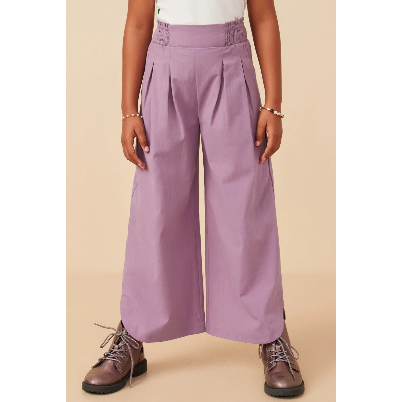 Hayden Smocked Waist Detailed Pleated Wide Leg Pants- Lavender-HAYDEN GIRLS-Little Giant Kidz