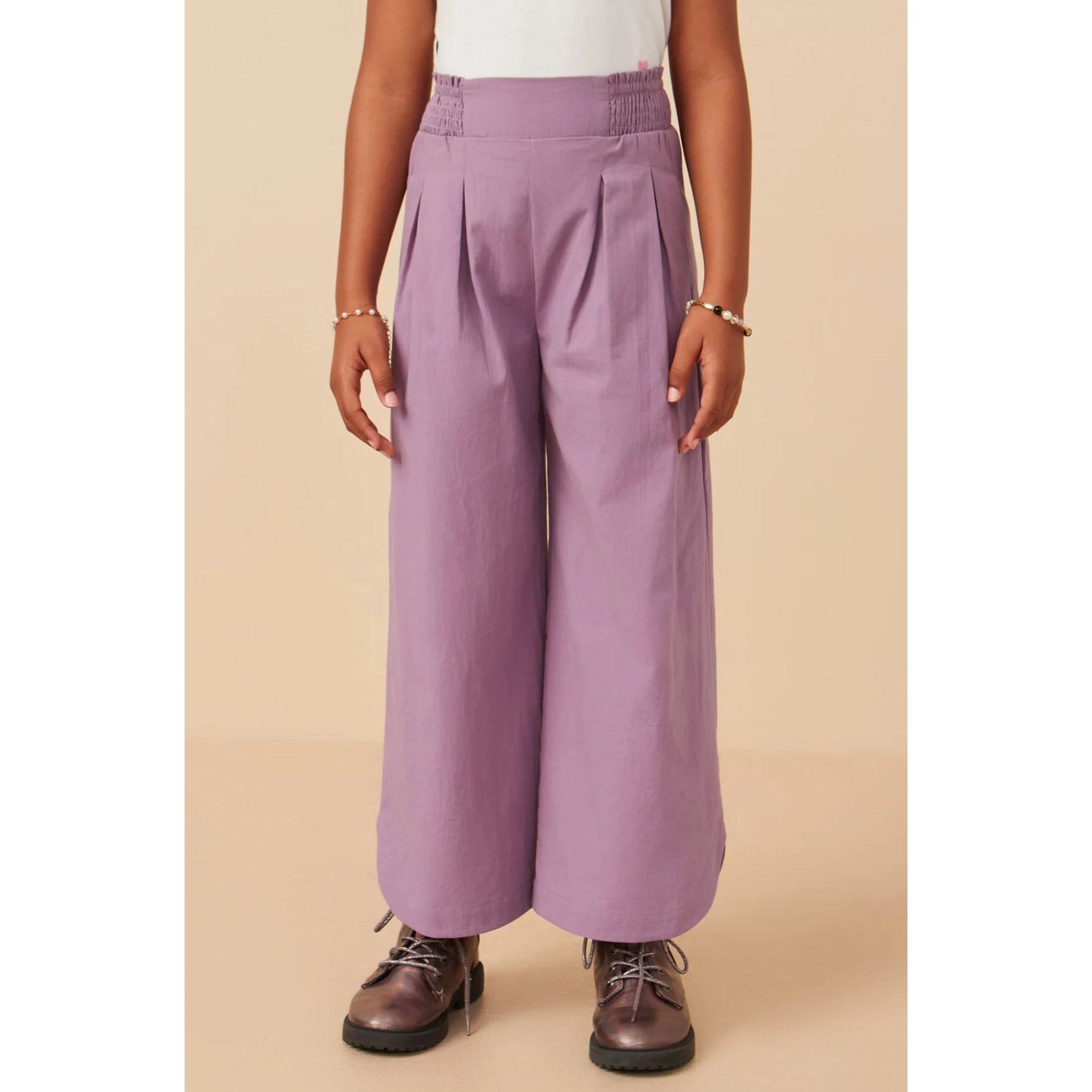 Hayden Smocked Waist Detailed Pleated Wide Leg Pants- Lavender-HAYDEN GIRLS-Little Giant Kidz