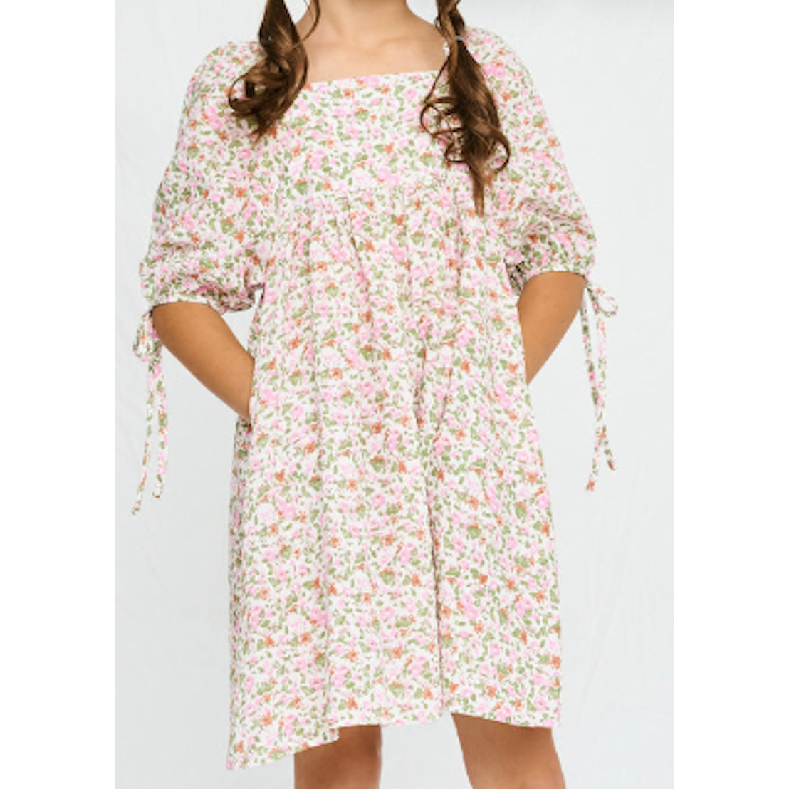 Hayden Tie Sleeve Square Neck Floral Tunic Dress- Pink-HAYDEN GIRLS-Little Giant Kidz