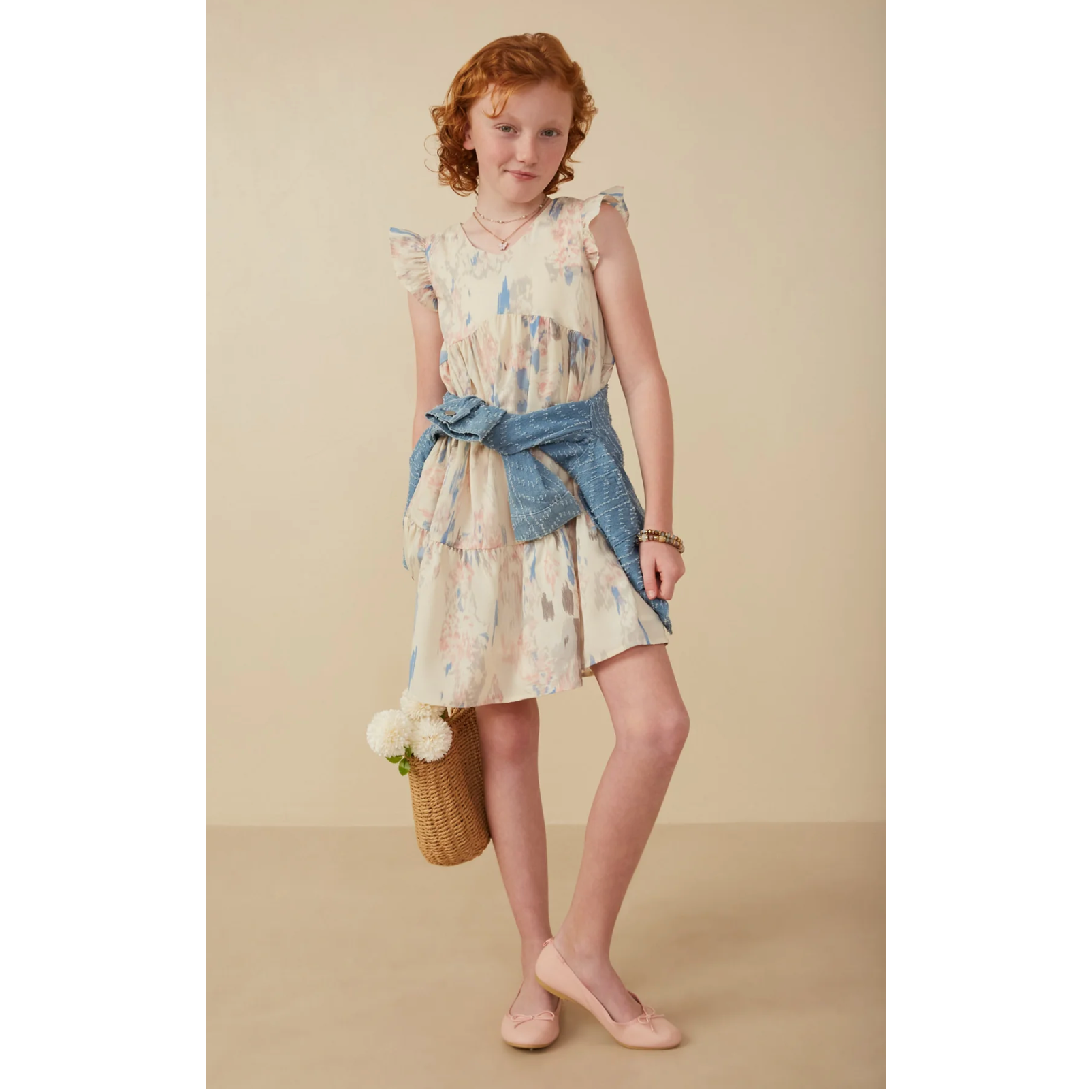 Hayden Watercolor V Neck Tiered Ruffled Dress- Ivory-HAYDEN GIRLS-Little Giant Kidz