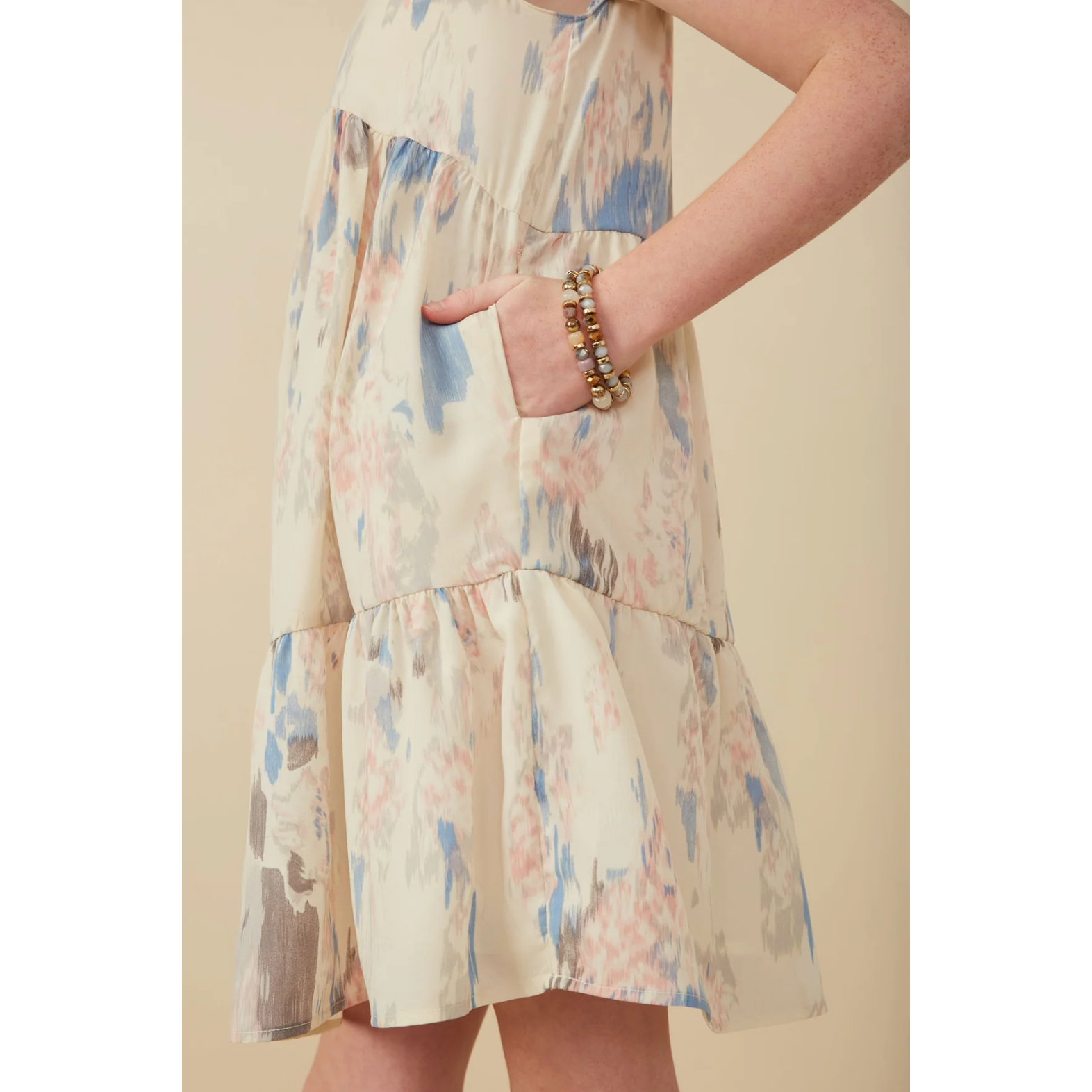 Hayden Watercolor V Neck Tiered Ruffled Dress- Ivory-HAYDEN GIRLS-Little Giant Kidz