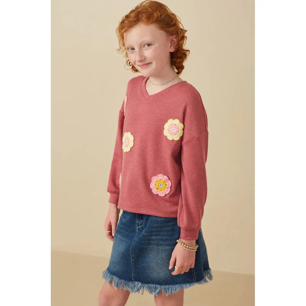 Hayden handmade Crochet Floral Detail Brushed Ribbed Knit Top-HAYDEN GIRLS-Little Giant Kidz