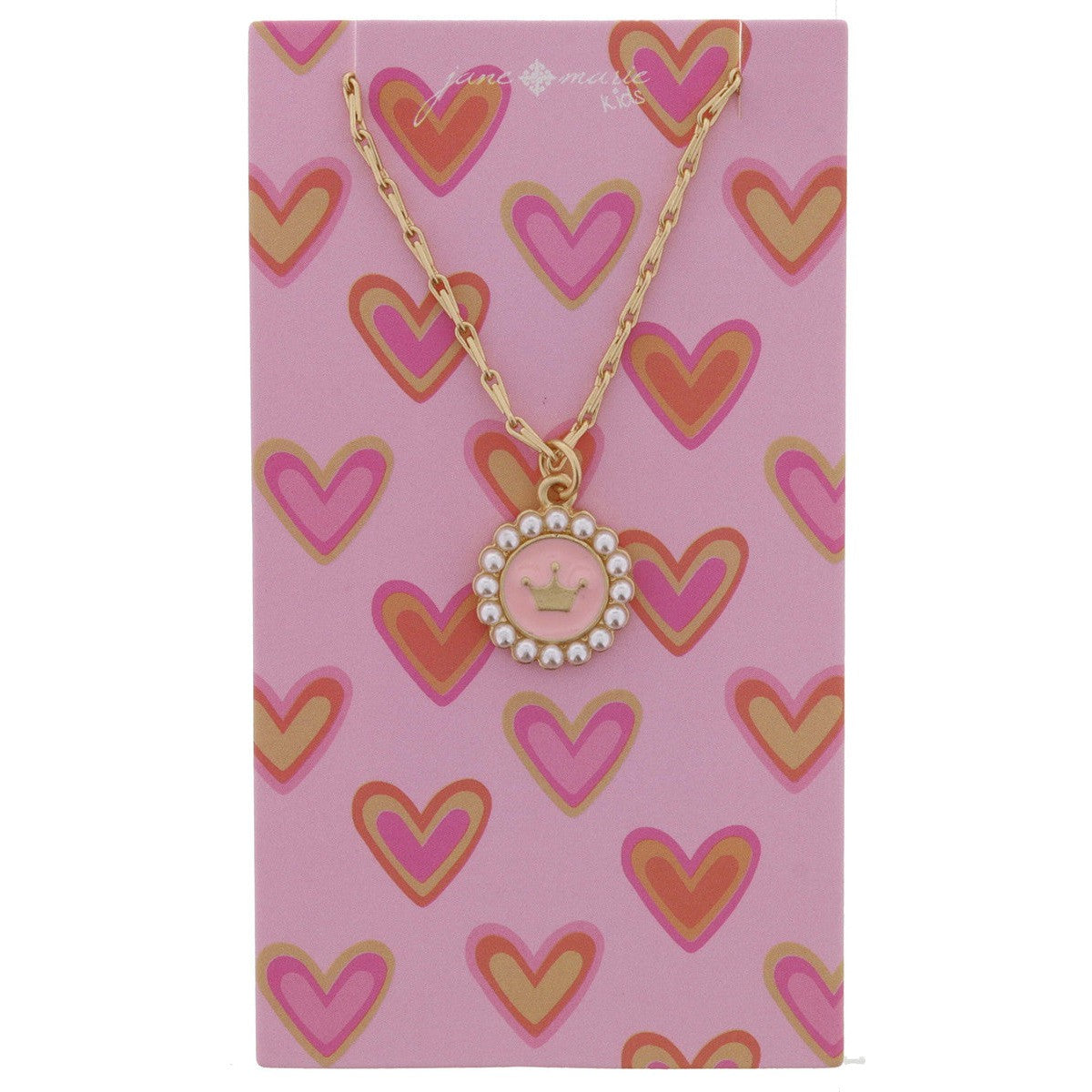 Jane Marie Kids Light Pink Enamel Disc With Gold Crown And Mini Pearl Edge Necklace-JANE MARIE-Little Giant Kidz