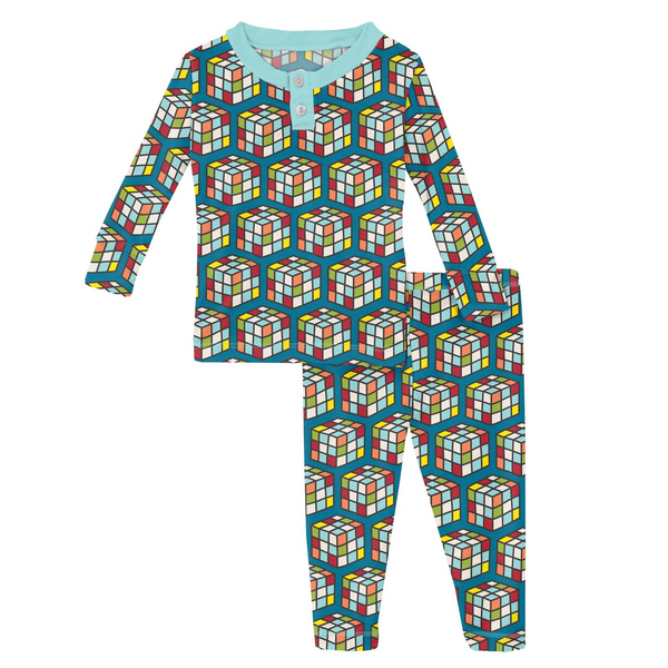 Kickee Pants Cerulean Blue Puzzle Cube Long Sleeve Henley Pajama Set-Kickee Pants-Little Giant Kidz