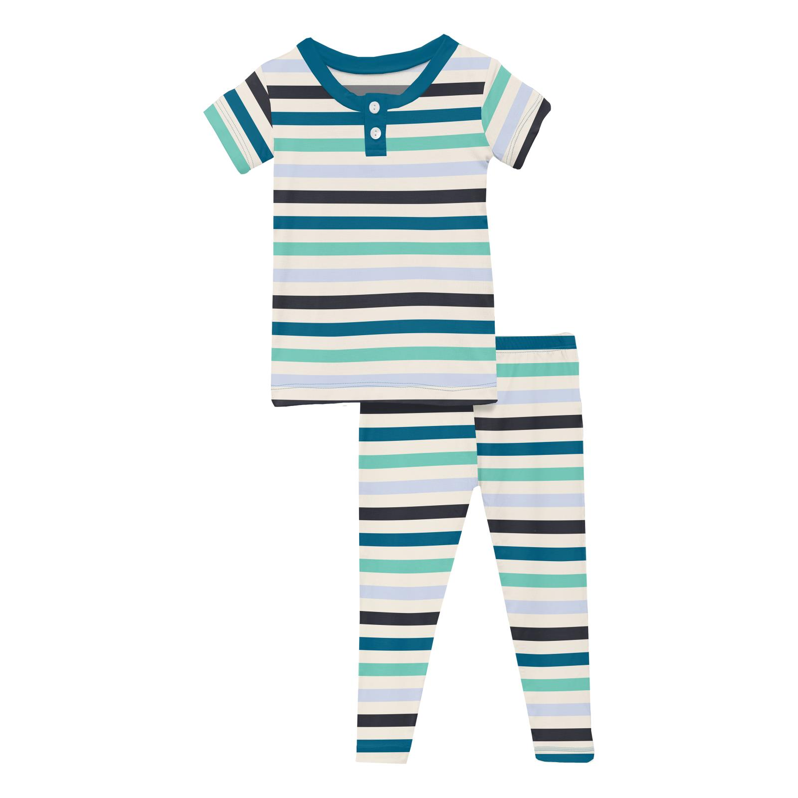 Kickee Pants Little Boy Blue Stripe Print Short Sleeve Henley Pajama Set-Kickee Pants-Little Giant Kidz