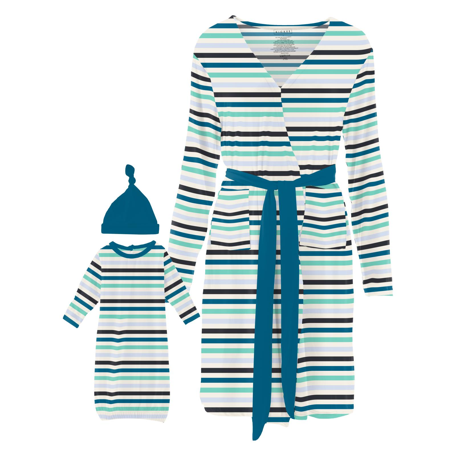Kickee Pants Little Boy Blue Stripe Print Women's Mid Length Lounge Robe & Layette Gown Set-Kickee Pants-Little Giant Kidz