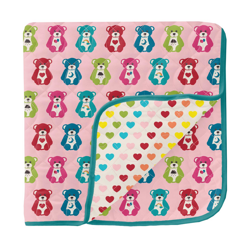 Kickee Pants Lotus Happy Teddy/Rainbow Hearts Print Quilted Toddler Blanket-Kickee Pants-Little Giant Kidz
