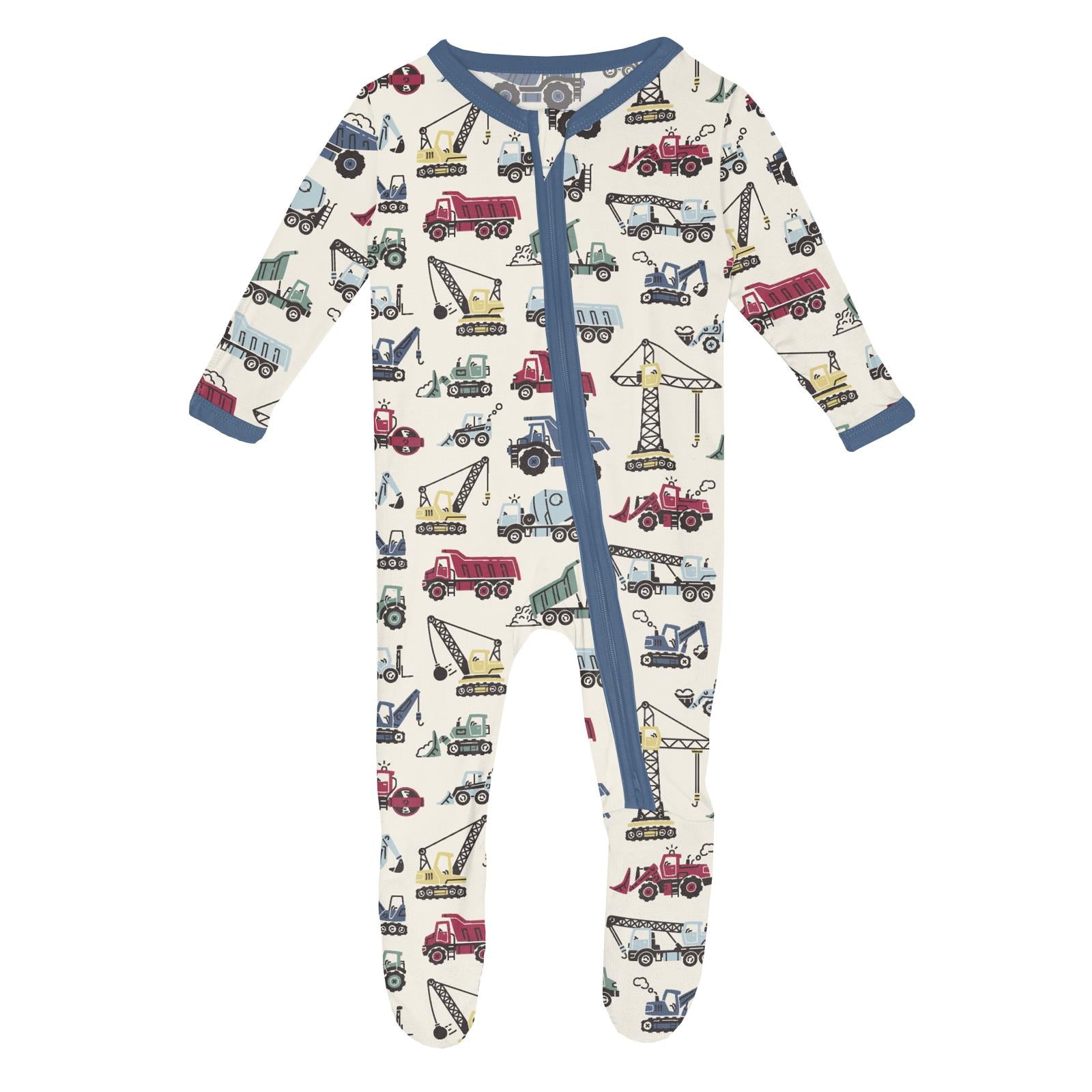 Kickee Pants Print Footie with 2 Way Zipper- Natural Construction Trucks-KICKEE PANTS-Little Giant Kidz