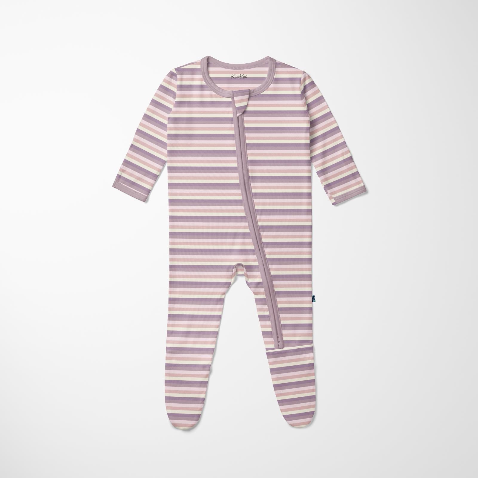 Kickee Pants Print Layette Footie with 2 Way Zipper- Lavender Bliss Stripe-KICKEE PANTS-Little Giant Kidz