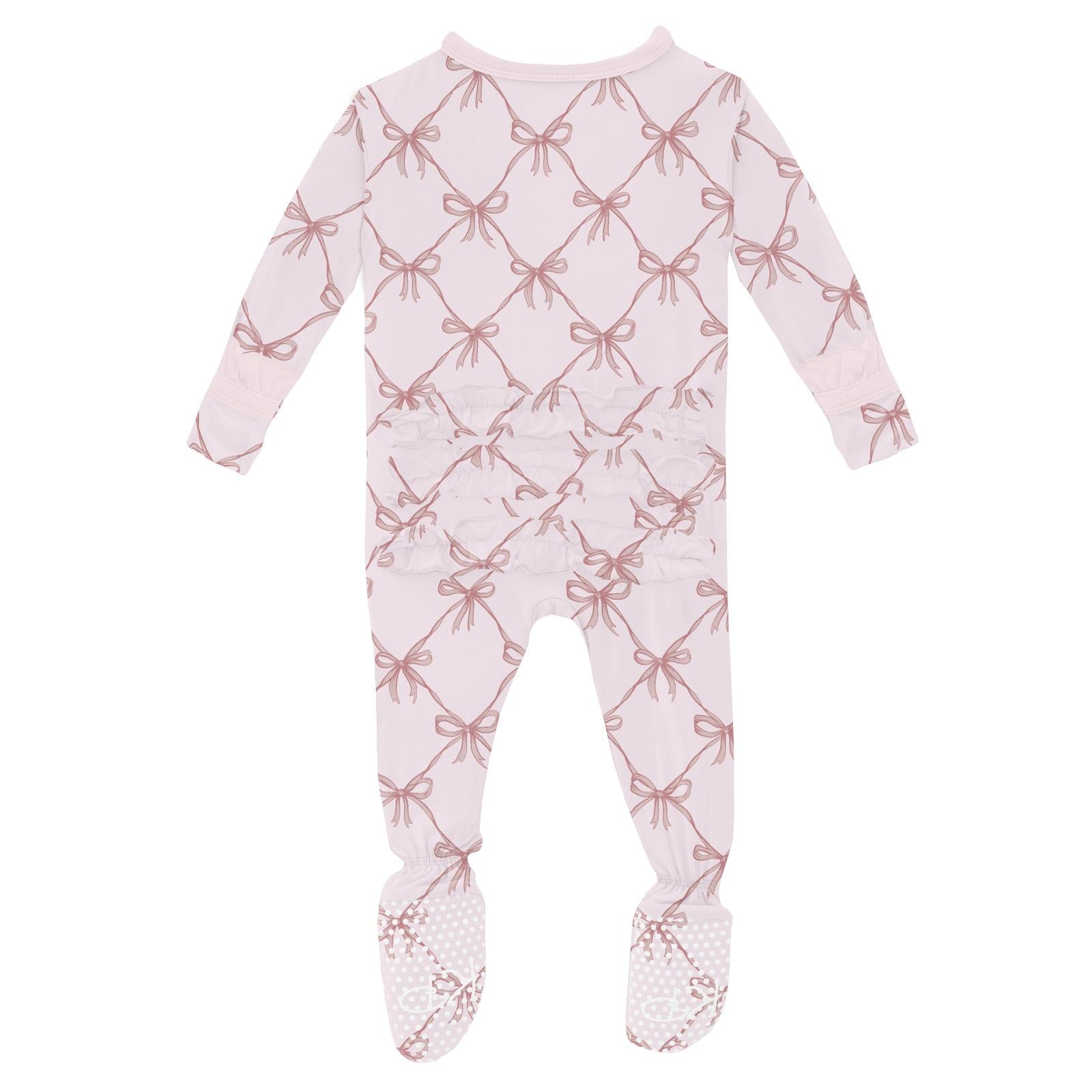 Kickee Pants Print Layette Ruffle Footie with 2 Way Zipper- Shrinking Violet Bow Lattice-KICKEE PANTS-Little Giant Kidz