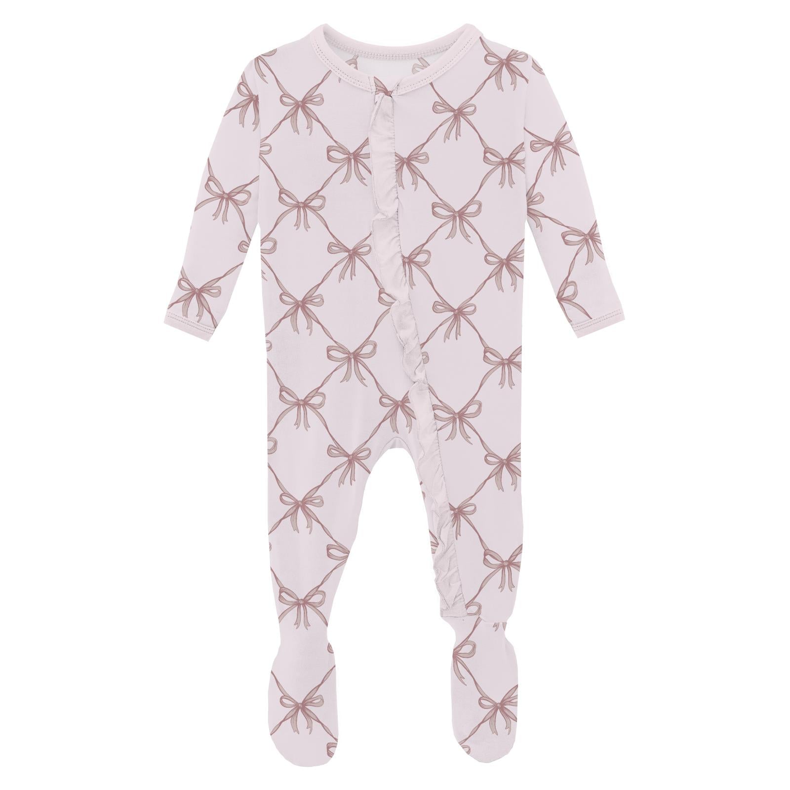 Kickee Pants Print Layette Ruffle Footie with 2 Way Zipper- Shrinking Violet Bow Lattice-KICKEE PANTS-Little Giant Kidz