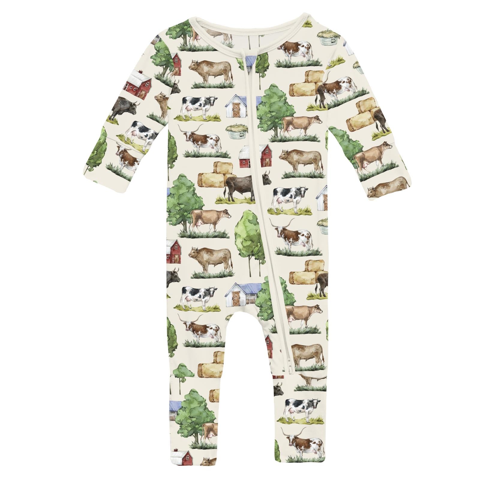 Kickee Pants Print Zipper Convertible Coverall- Natural Grazing Cows-KICKEE PANTS-Little Giant Kidz