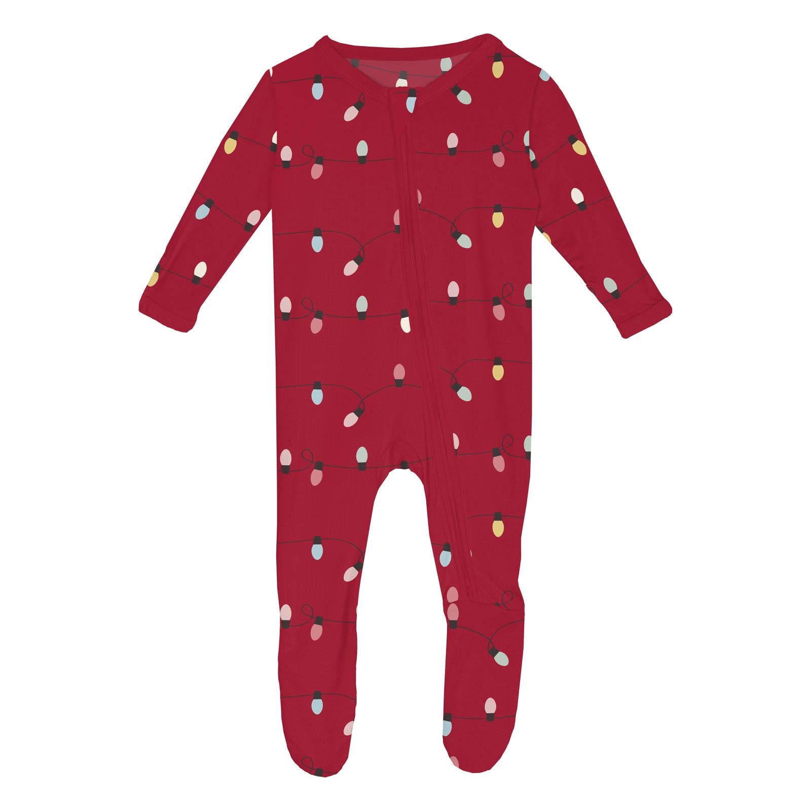 Kickee Pants Ruffle Footie with 2 Way Zipper- Crimson Holiday Lights-KICKEE PANTS-Little Giant Kidz