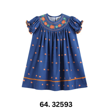 Lil Cactus Blue Pumpkin Print Knit Smocked Bishop Dress-Lil Cactus-Little Giant Kidz