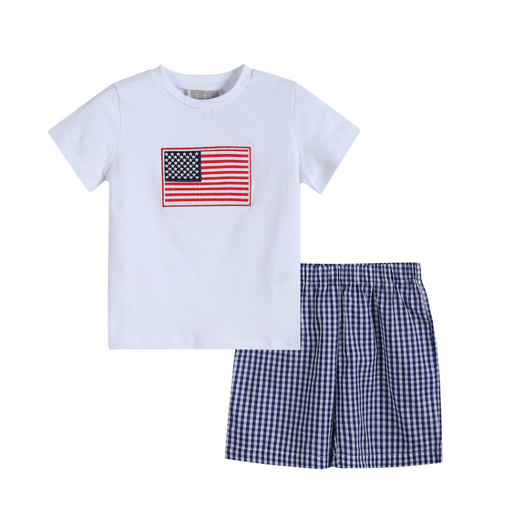 Lil Cactus Boys Blue Gingham USA Flag T-Shirt and Shorts-Lil Cactus-Little Giant Kidz