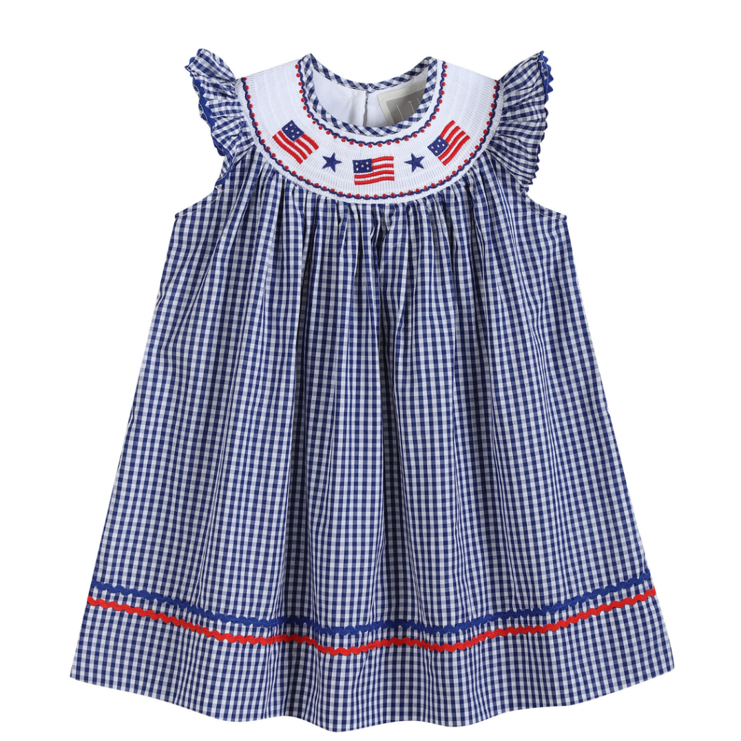 Lil Cactus Smocked Bishop Dress- Royal Blue Gingham American Flag-Lil Cactus-Little Giant Kidz