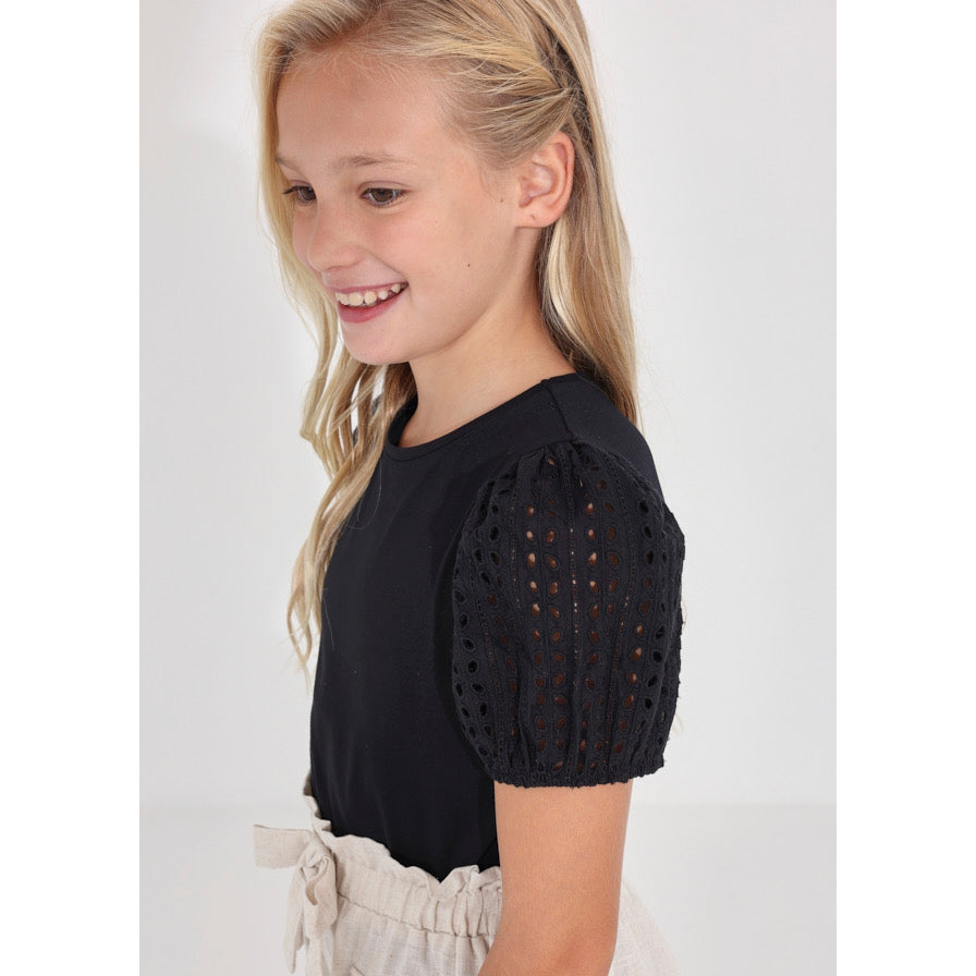 Mayoral Black Eyelet Short Sleeve Top-MAYORAL-Little Giant Kidz