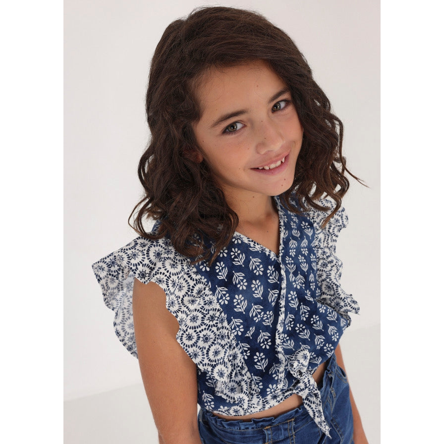Mayoral Blue Ruffled Cotton Blouse Girl-MAYORAL-Little Giant Kidz