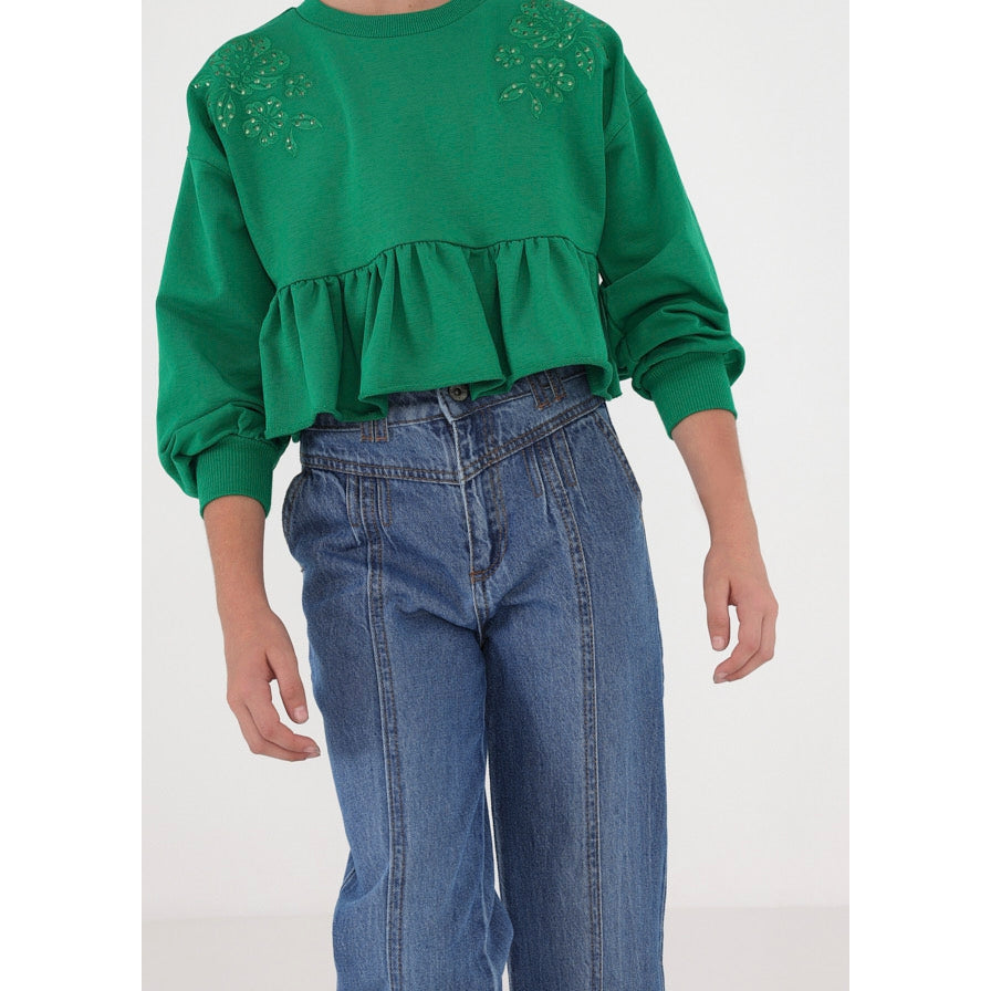 Mayoral High Waisted Denim Cropped Pants-MAYORAL-Little Giant Kidz