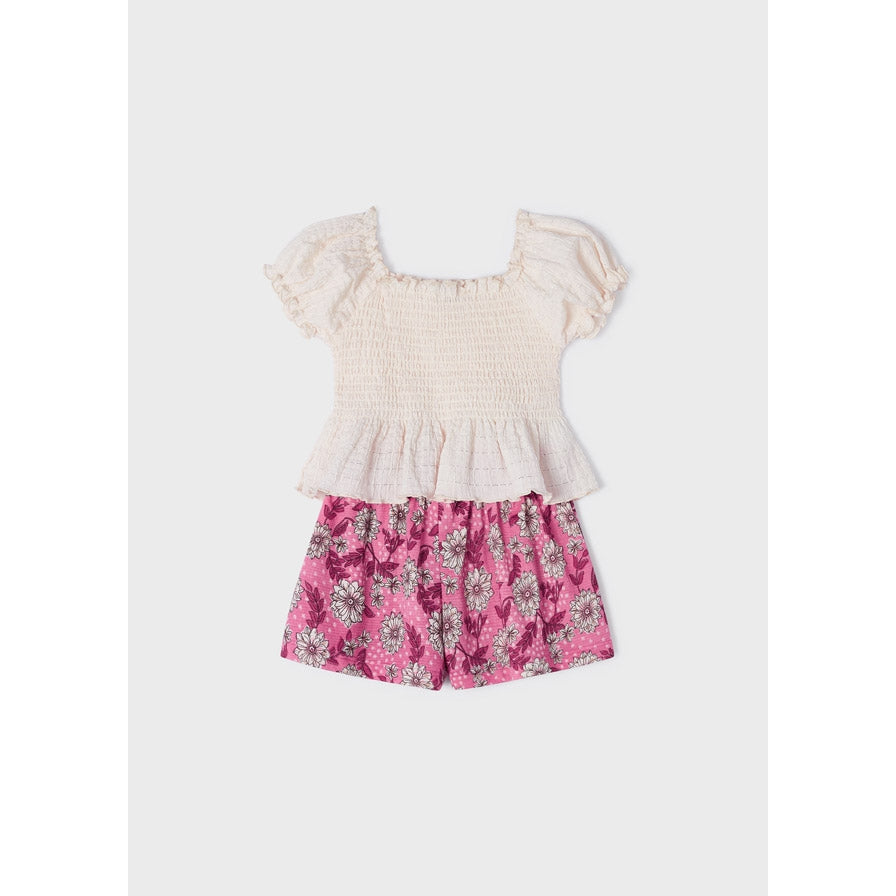 Mayoral Ivory Smocked Top & Peony Floral Shorts 2-Piece Set-MAYORAL-Little Giant Kidz
