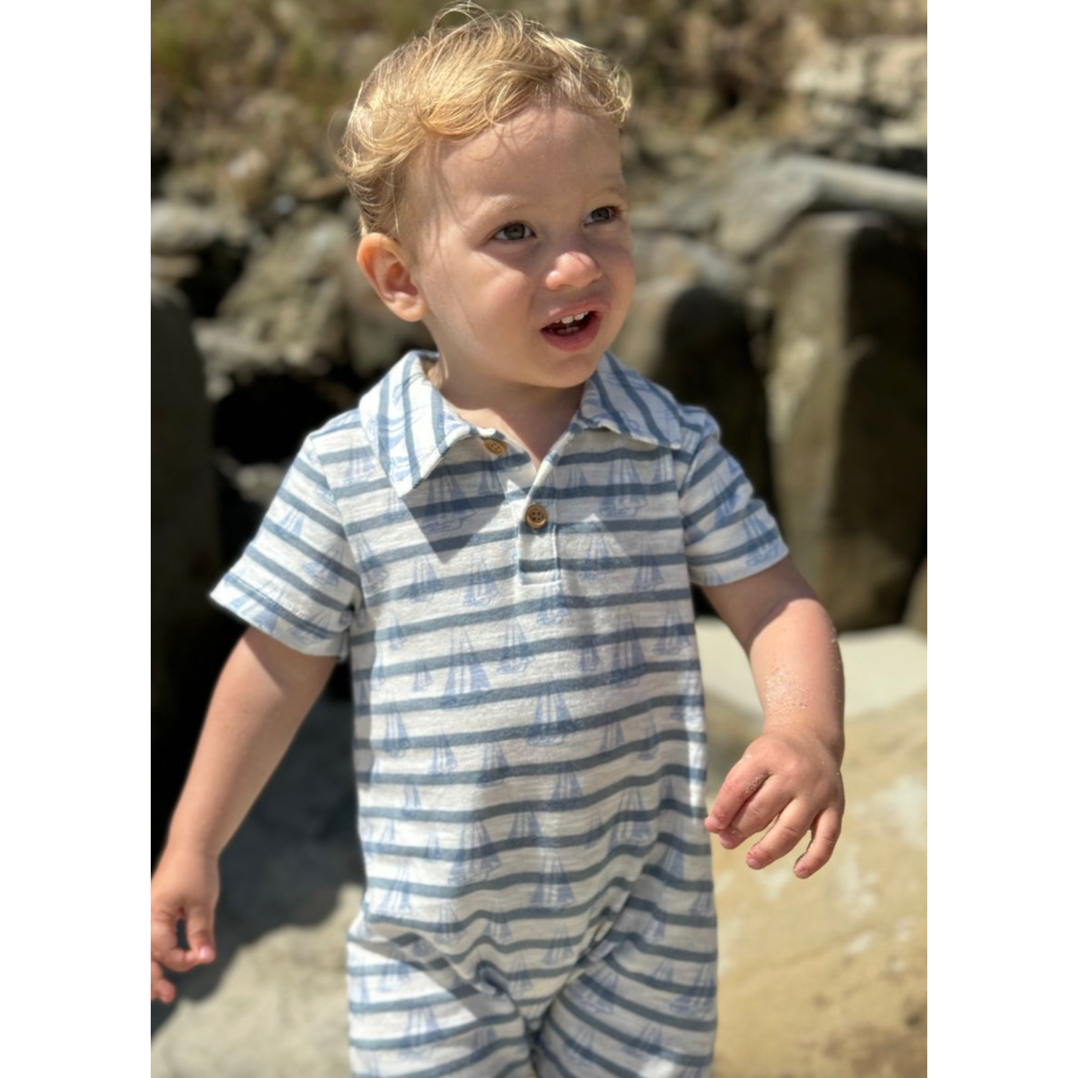 Me & Henry Romper- Drift Printed Sailboats-ME & HENRY-Little Giant Kidz