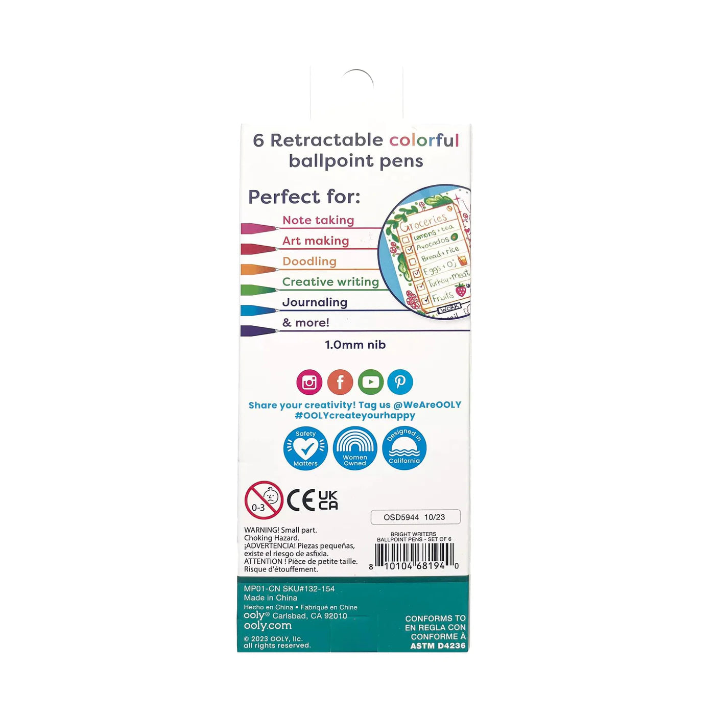 Ooly Bright Writers Colored Ink Retractable Ballpoint Pens - Set of 6-OOLY-Little Giant Kidz