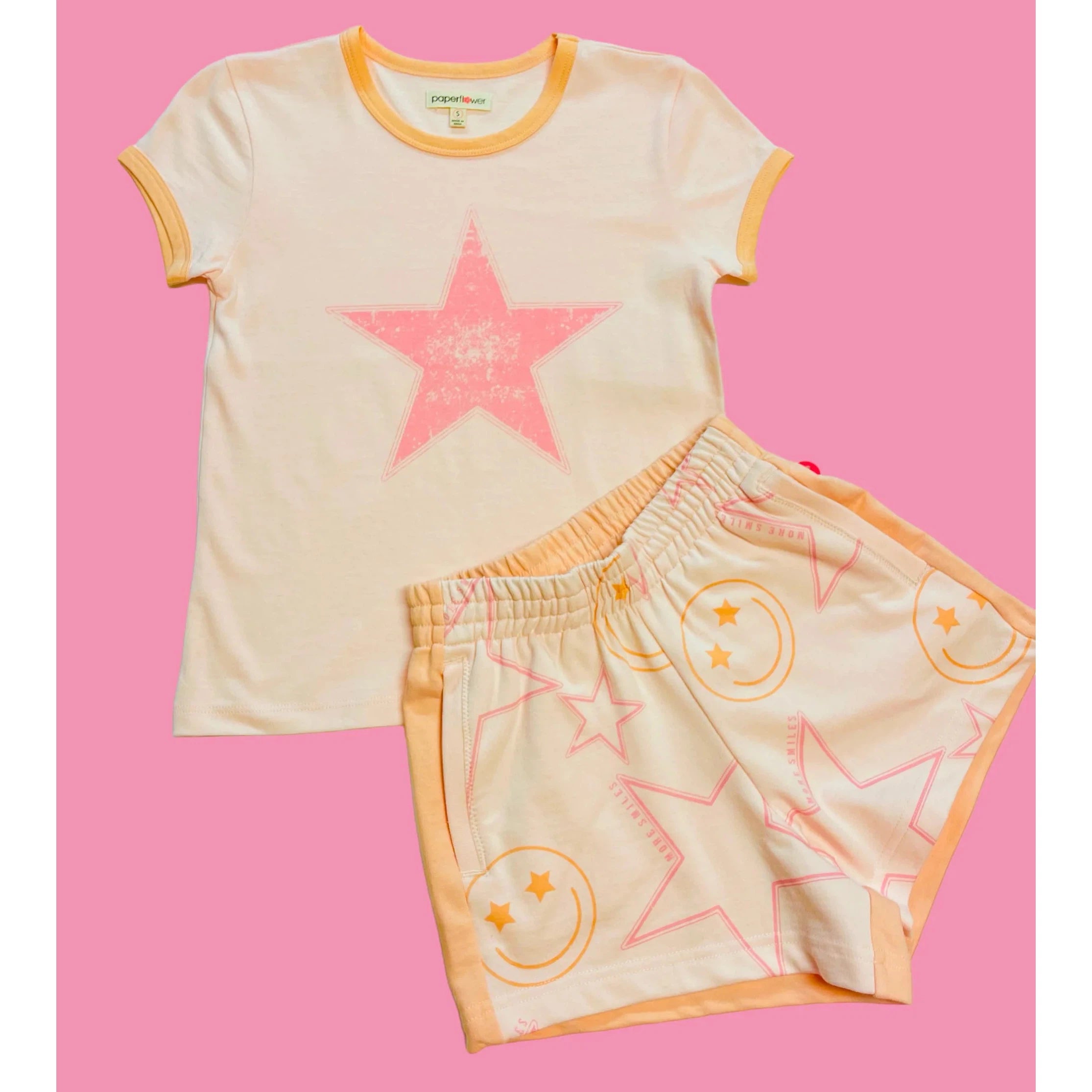 Paper Flower Color Blocked All Over Print Happy Face & Star Shorts - Heavenly Pink-Paper Flower-Little Giant Kidz