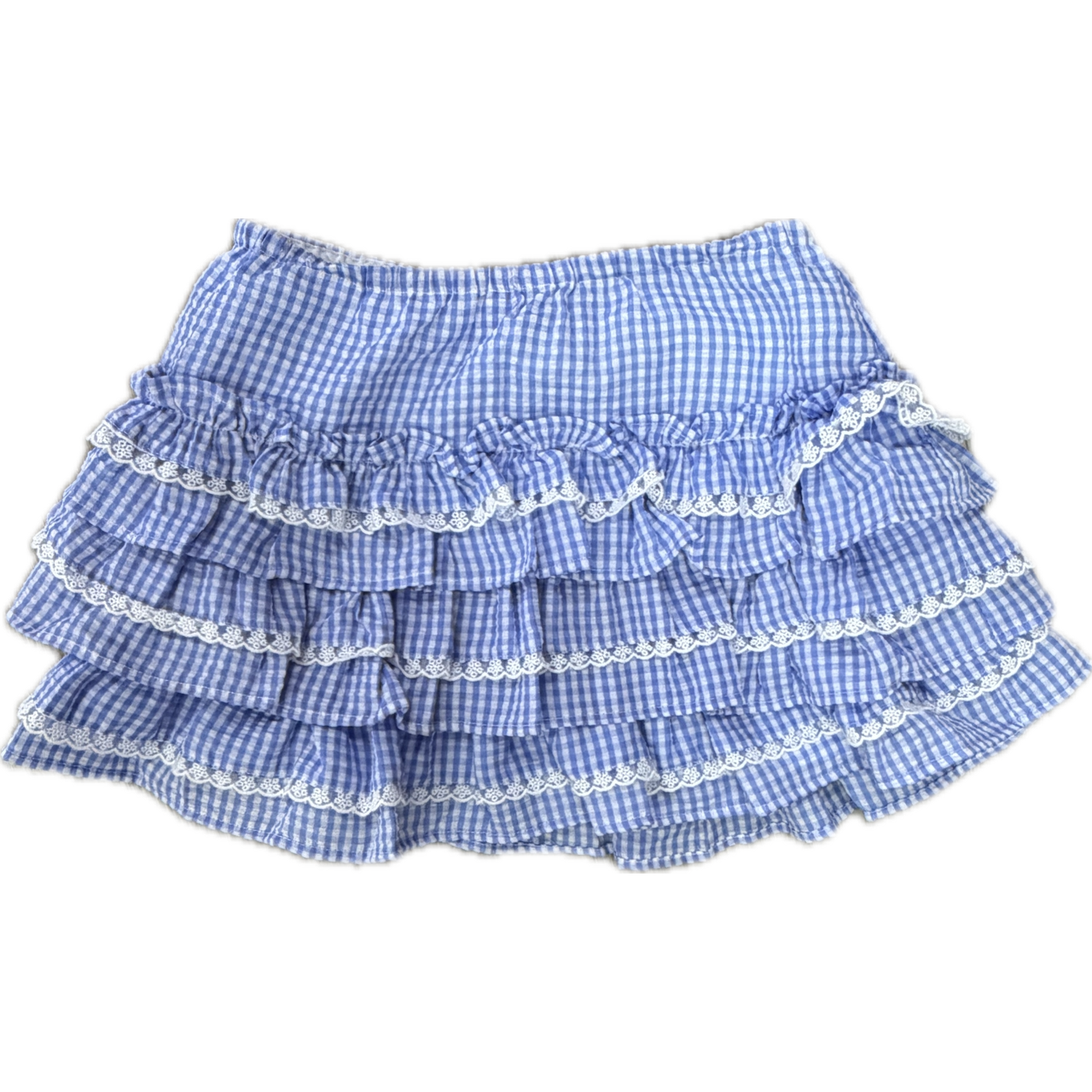 Peach Love Gingham Ruffle With Scallop Lace Trim Detail Mini Skirt- Light Blue-Peach Love-Little Giant Kidz