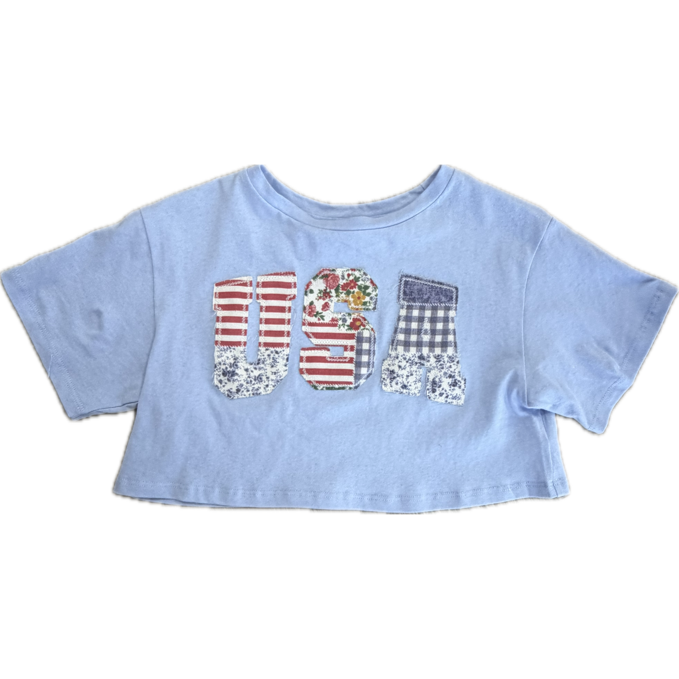 Peach Love USA Patchwork Detail Cotton Short Sleeve Cropped Top- Light Blue-Peach Love-Little Giant Kidz