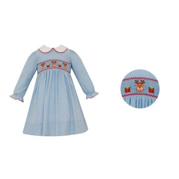 Petit Bebe Reindeer - Blue Microcheck Dress Long Sleeve-PETIT BEBE-Little Giant Kidz